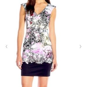French Connection Womens Sheath Dress Multicolor Sleeveless Print V-Neck SZ 0
